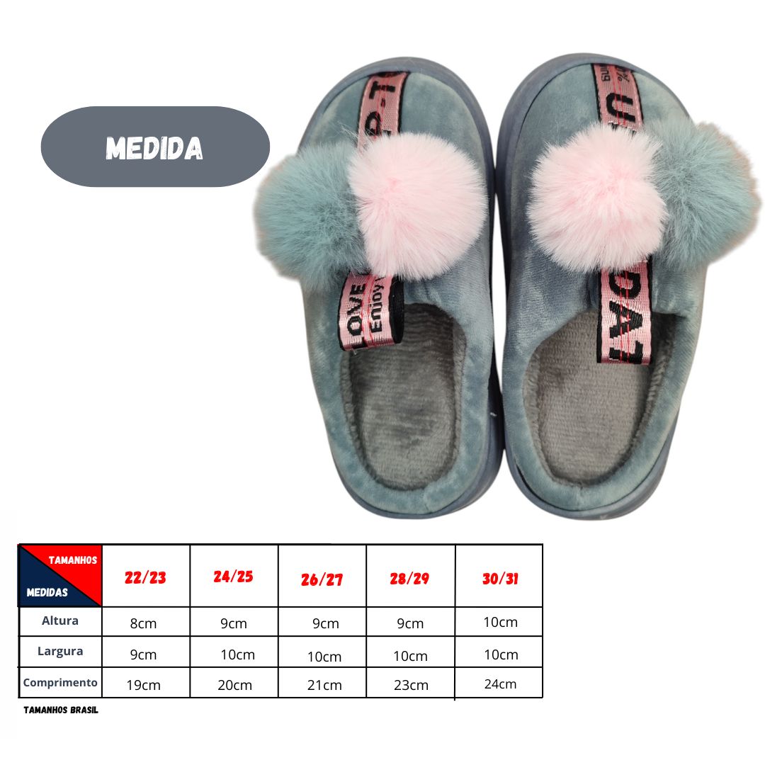 Chinelo Infantil Pompom Cinza Pantufa Antiderrapante Menina Inverno Quarto Frio Criança Inverno Aconchegante - Imagem 3