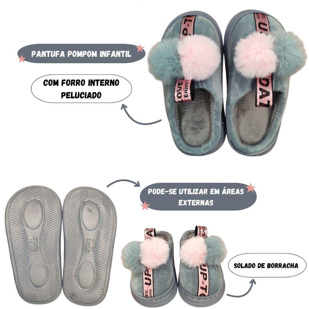 Chinelo Infantil Pompom Cinza Pantufa Antiderrapante Menina Inverno Quarto Frio Criança Inverno Aconchegante - Imagem 2