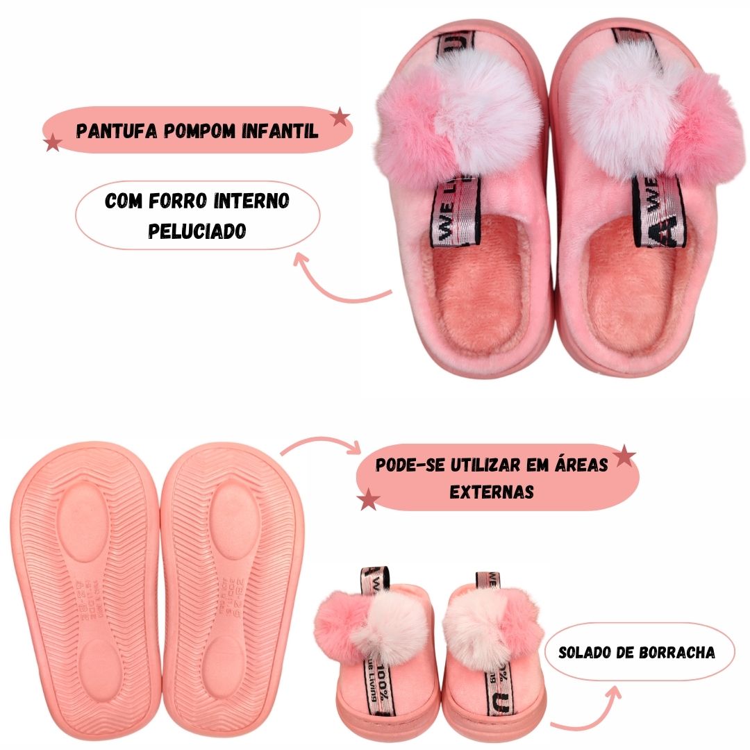 Chinelo Infantil Pompom Rosa Claro Pantufa Antiderrapante Menina Inverno Quarto Frio Criança Inverno Aconchegante - Imagem 2