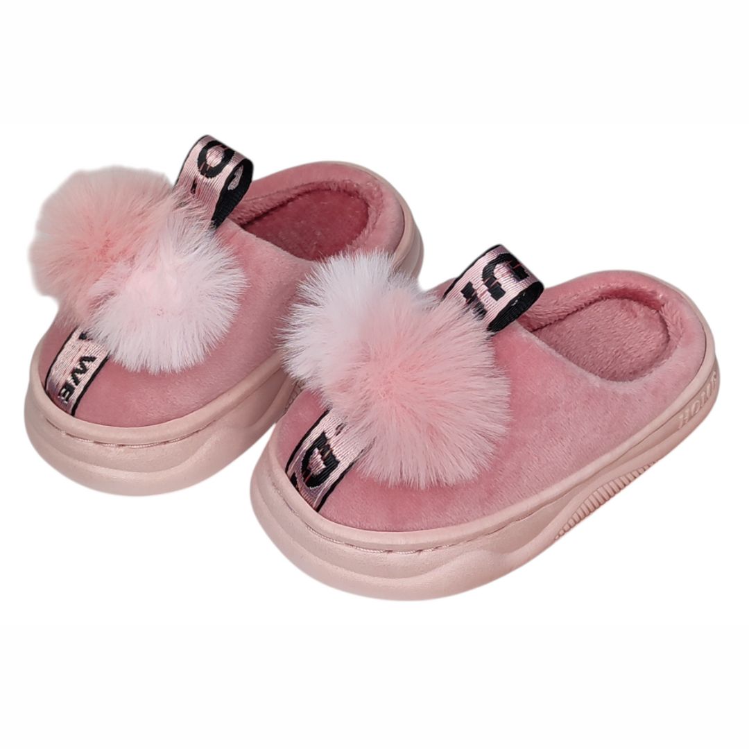 Pantufa Infantil Pompom Rosa Escuro Chinelo Antiderrapante Menina Inverno Quarto Frio Criança Inverno Aconchegante