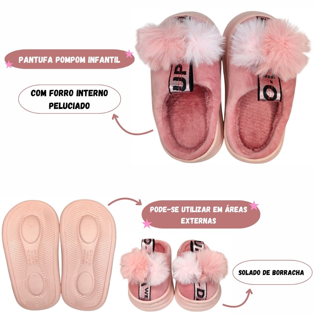 Pantufa Infantil Pompom Rosa Escuro Chinelo Antiderrapante Menina Inverno Quarto Frio Criança Inverno Aconchegante - Imagem 2