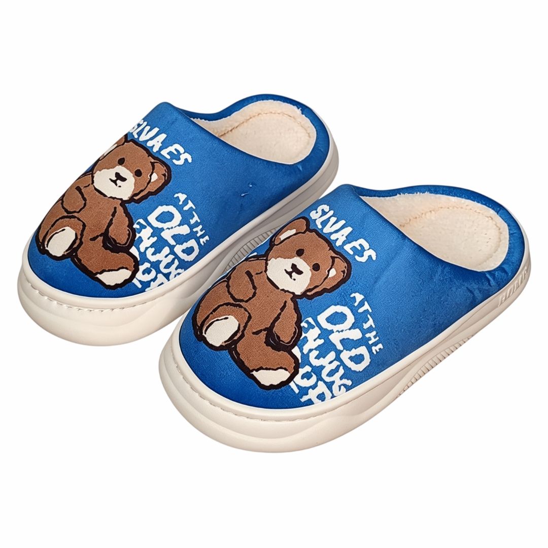 Pantufa Infantil Azul Urso Marrom Antiderrapante Criança Menino Inverno Frio Chinelo Confortável Aconchegante Presente Q