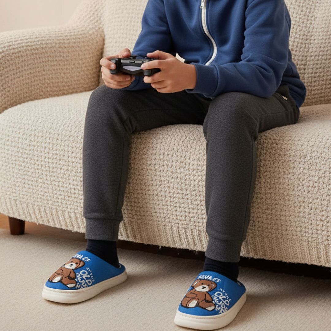 Pantufa Infantil Azul Urso Marrom Antiderrapante Criança Menino Inverno Frio Chinelo Confortável Aconchegante Presente Q - Imagem 4