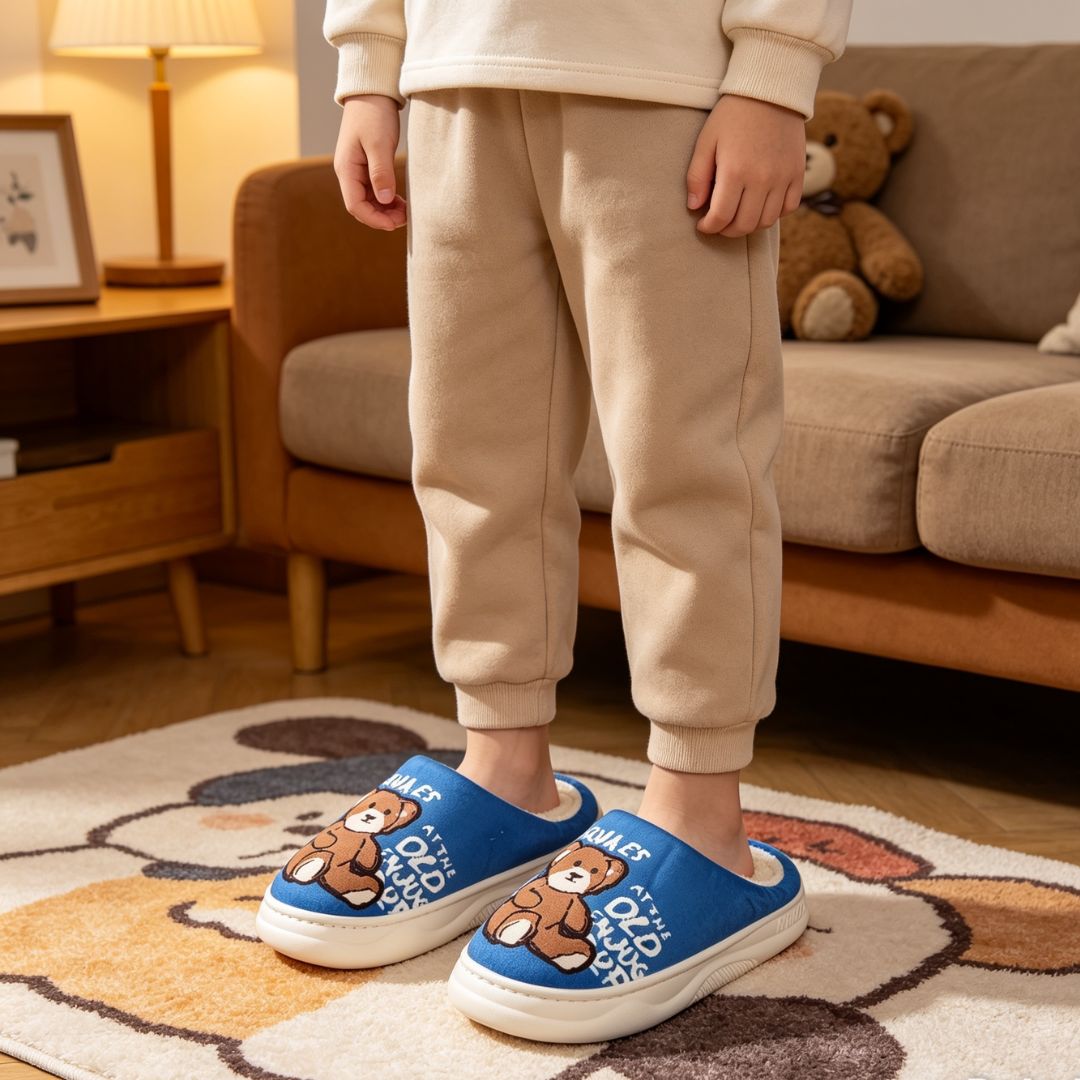 Pantufa Infantil Azul Urso Marrom Antiderrapante Criança Menino Inverno Frio Chinelo Confortável Aconchegante Presente Q - Imagem 3