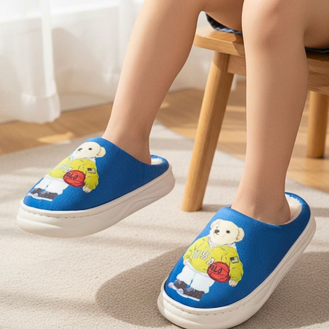 Pantufa Infantil Azul Masculino Urso Amarelo Antiderrapante Criança Inverno Frio Chinelo Confortável Aconchegante Presen - Imagem 3