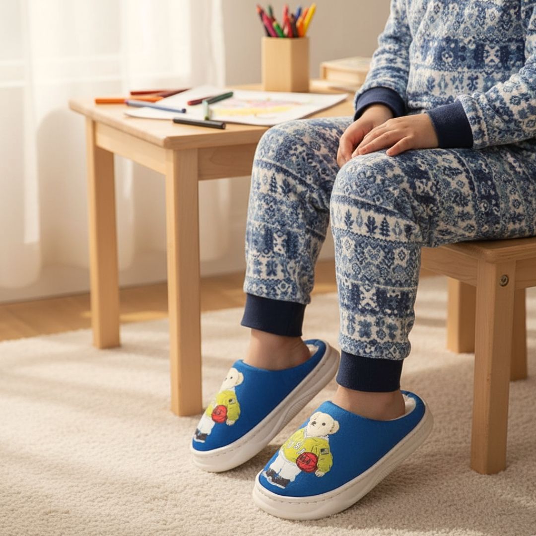 Pantufa Infantil Azul Masculino Urso Amarelo Antiderrapante Criança Inverno Frio Chinelo Confortável Aconchegante Presen - Imagem 4