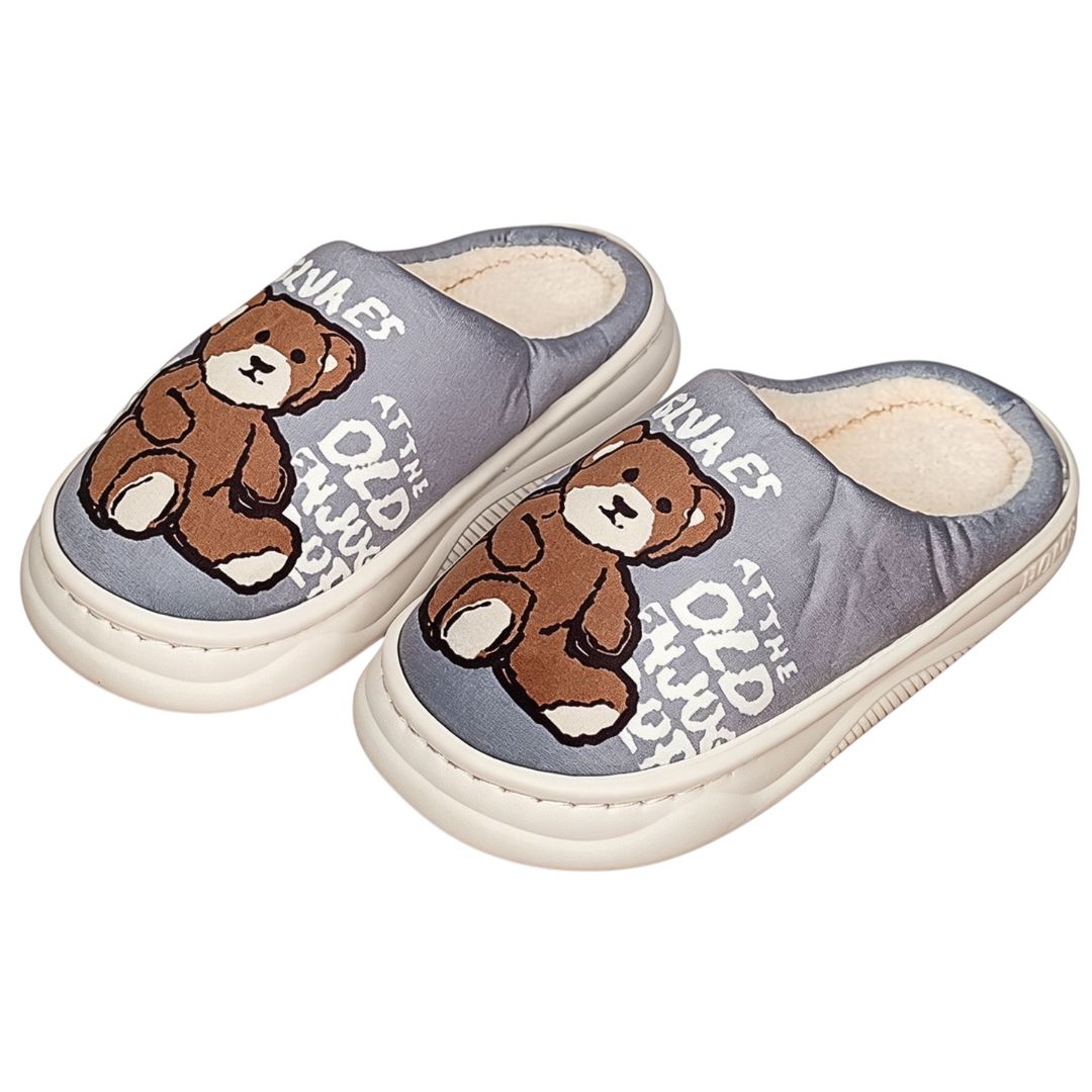 Pantufa Infantil Cinza Unissex Urso Marrom Antiderrapante Criança Inverno Frio Chinelo Confortável Aconchegante Presente