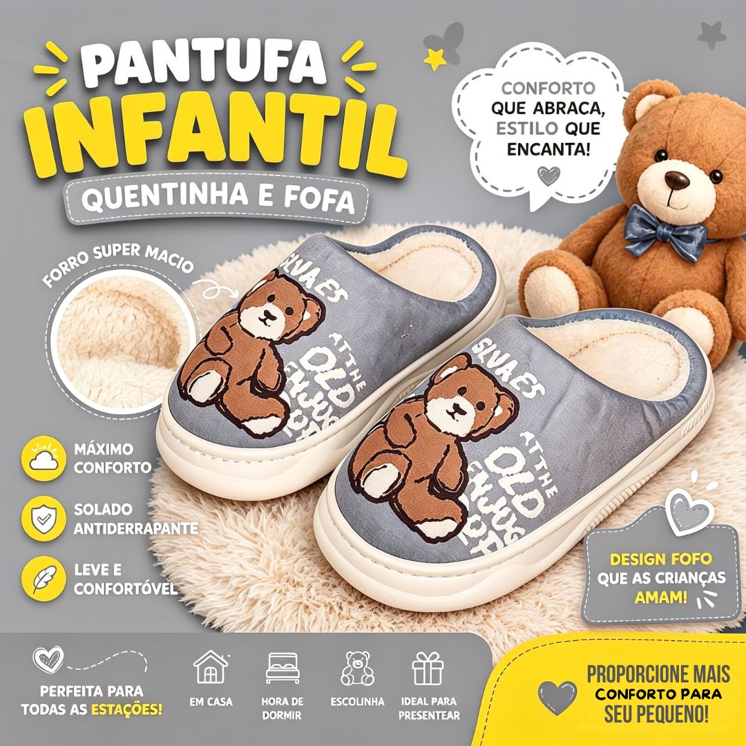 Pantufa Infantil Cinza Unissex Urso Marrom Antiderrapante Criança Inverno Frio Chinelo Confortável Aconchegante Presente - Imagem 2