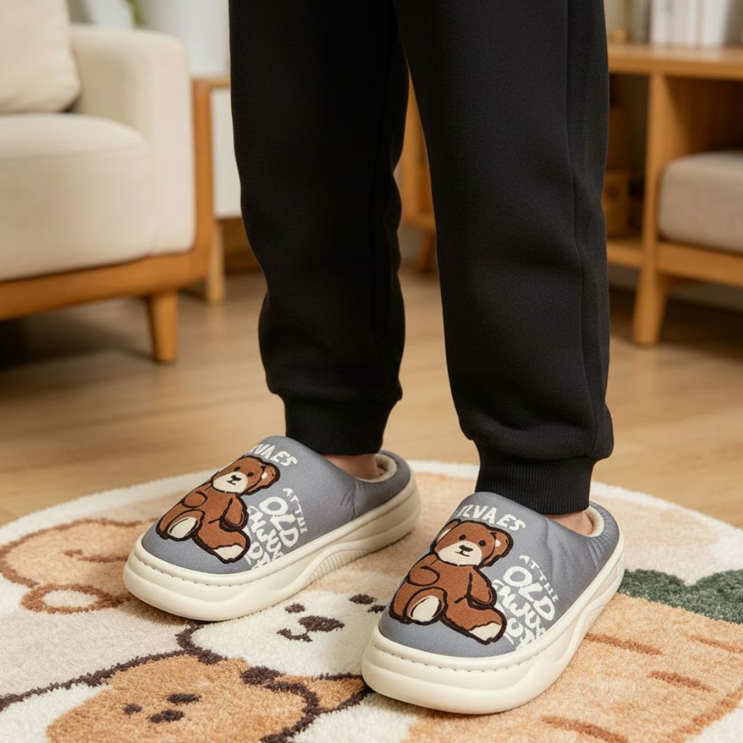 Pantufa Infantil Cinza Unissex Urso Marrom Antiderrapante Criança Inverno Frio Chinelo Confortável Aconchegante Presente - Imagem 3