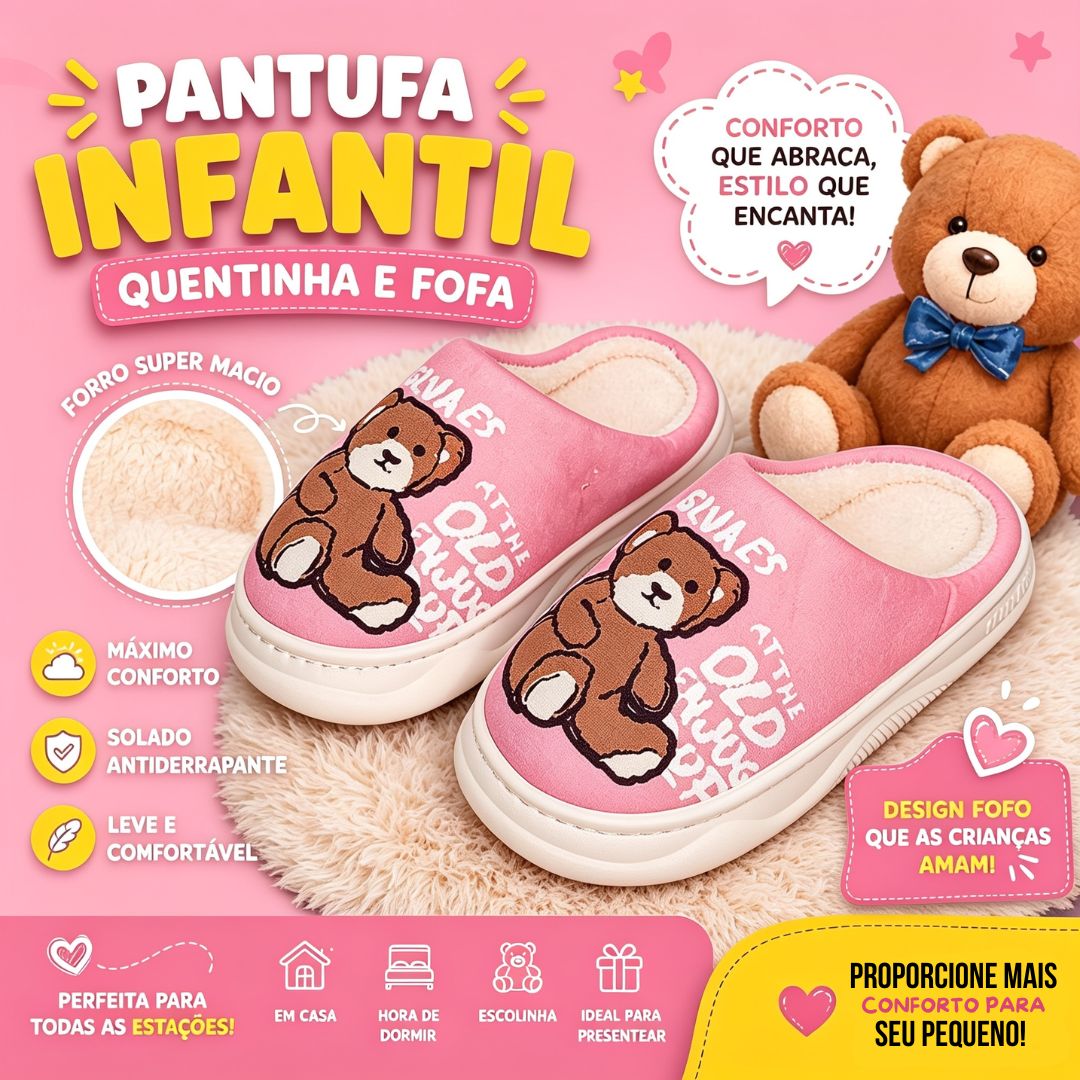 Pantufa Infantil Rosa Feminina Urso Marrom Antiderrapante Criança Menina Inverno Frio Chinelo Confortável Aconchegante P - Imagem 2