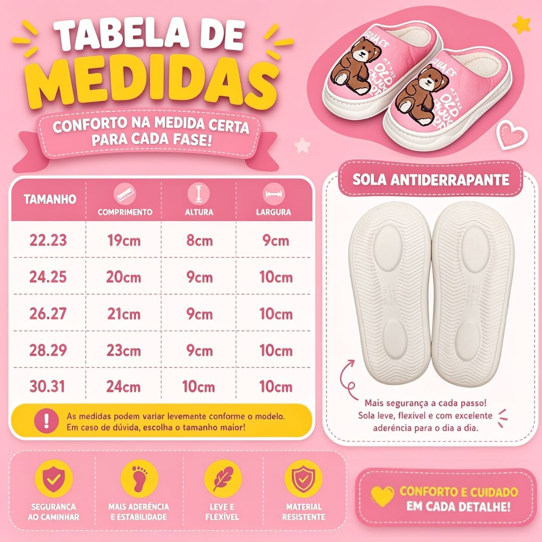 Pantufa Infantil Rosa Feminina Urso Marrom Antiderrapante Criança Menina Inverno Frio Chinelo Confortável Aconchegante P - Imagem 5