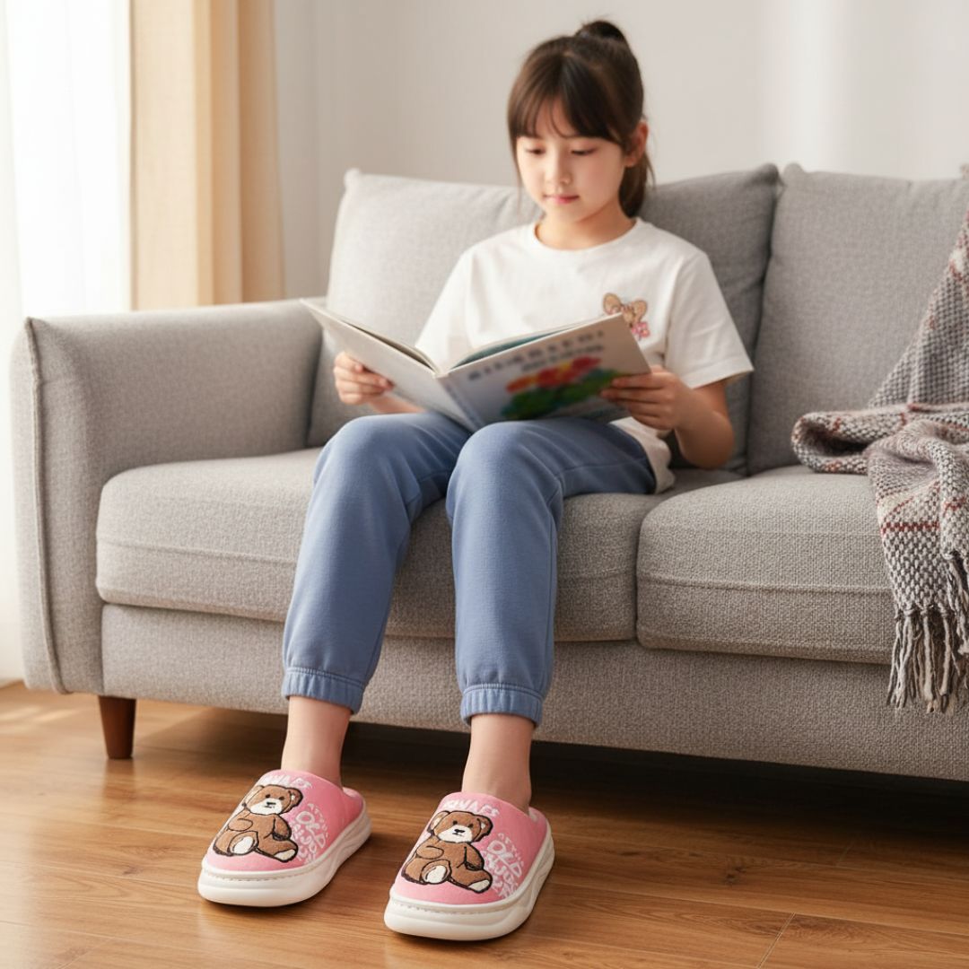Pantufa Infantil Rosa Feminina Urso Marrom Antiderrapante Criança Menina Inverno Frio Chinelo Confortável Aconchegante P - Imagem 4