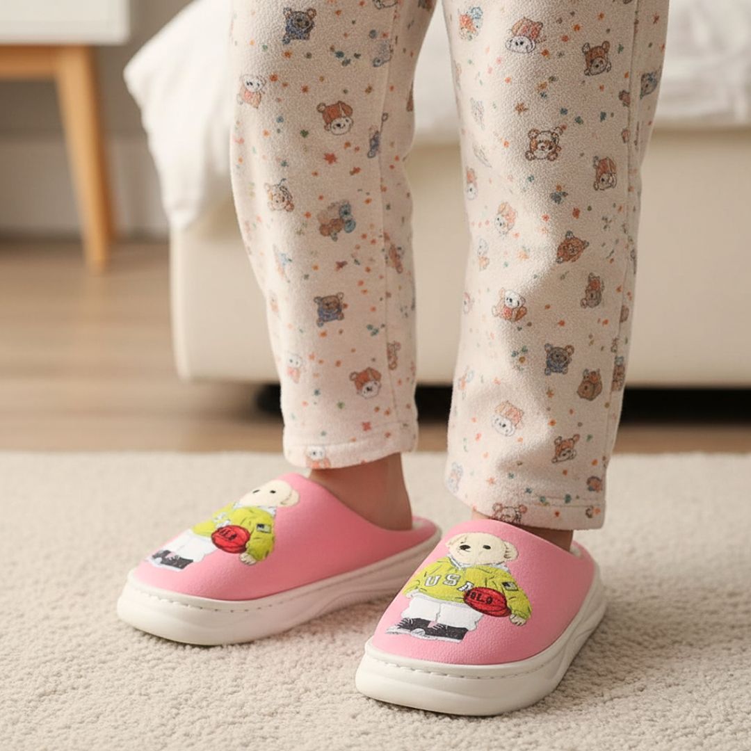 Pantufa Infantil Rosa Urso Amarelo Antiderrapante Criança Inverno Frio Chinelo Confortável Aconchegante Presente Quarto - Imagem 4