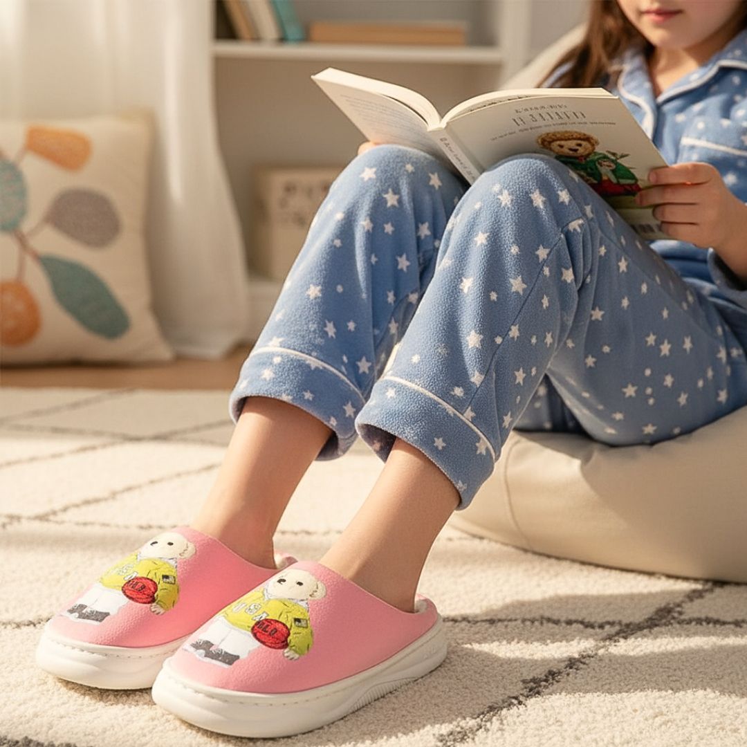Pantufa Infantil Rosa Urso Amarelo Antiderrapante Criança Inverno Frio Chinelo Confortável Aconchegante Presente Quarto - Imagem 3