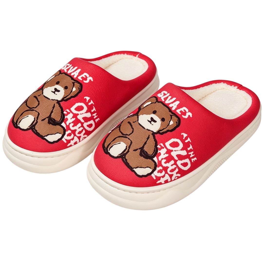 Pantufa Infantil Vermelha Urso Marrom Antiderrapante Criança Unissex Inverno Frio Chinelo Confortável Aconchegante Prese