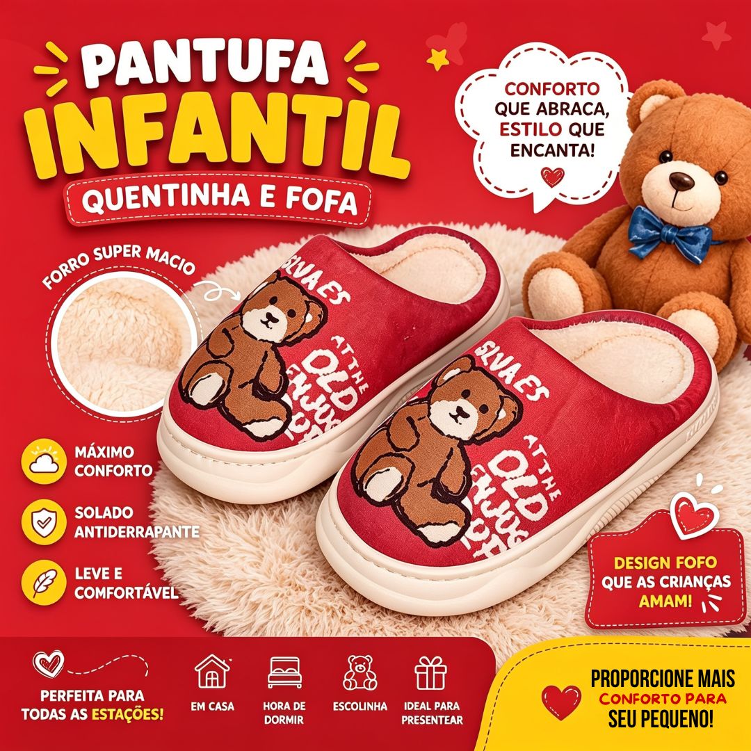 Pantufa Infantil Vermelha Urso Marrom Antiderrapante Criança Unissex Inverno Frio Chinelo Confortável Aconchegante Prese - Imagem 2