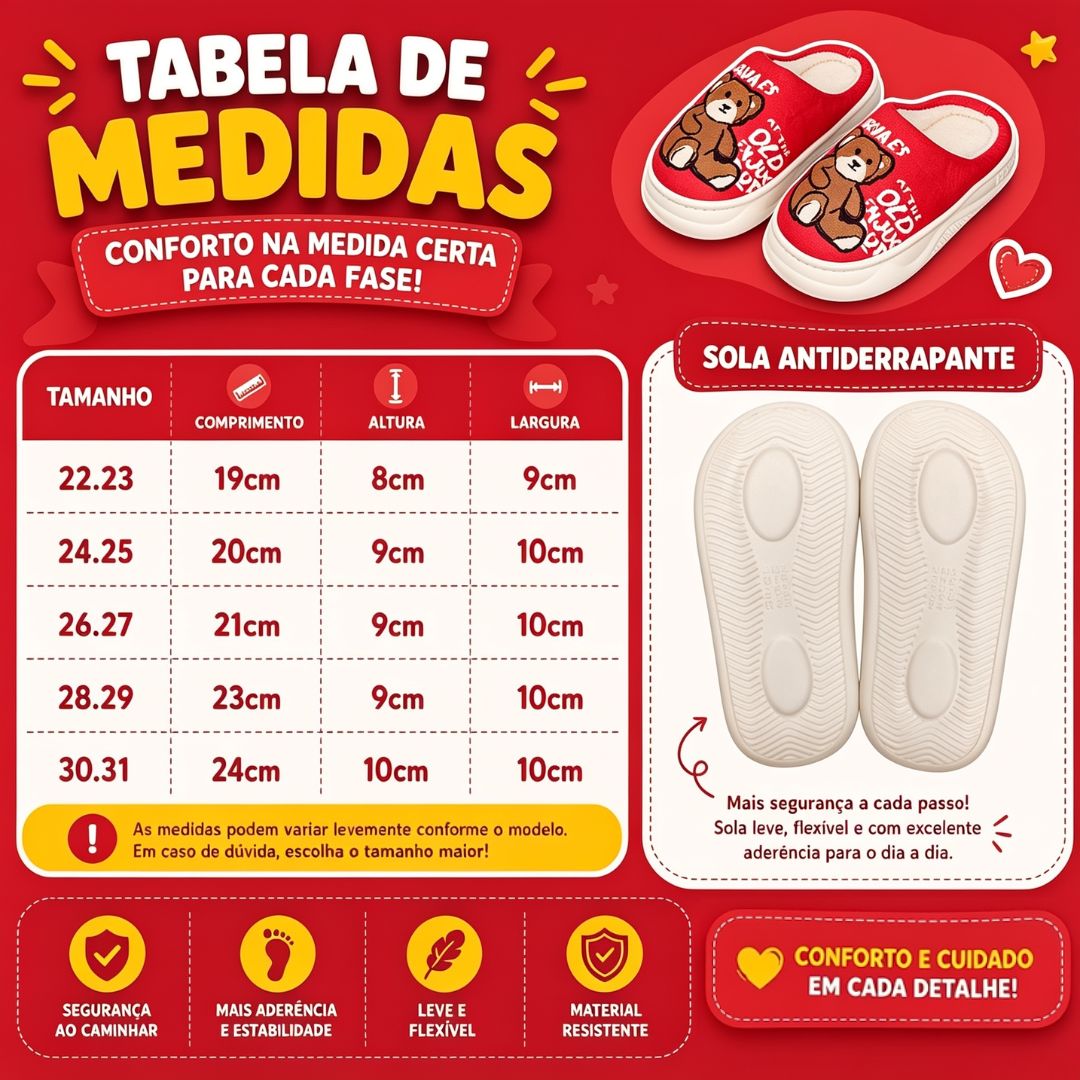 Pantufa Infantil Vermelha Urso Marrom Antiderrapante Criança Unissex Inverno Frio Chinelo Confortável Aconchegante Prese - Imagem 5