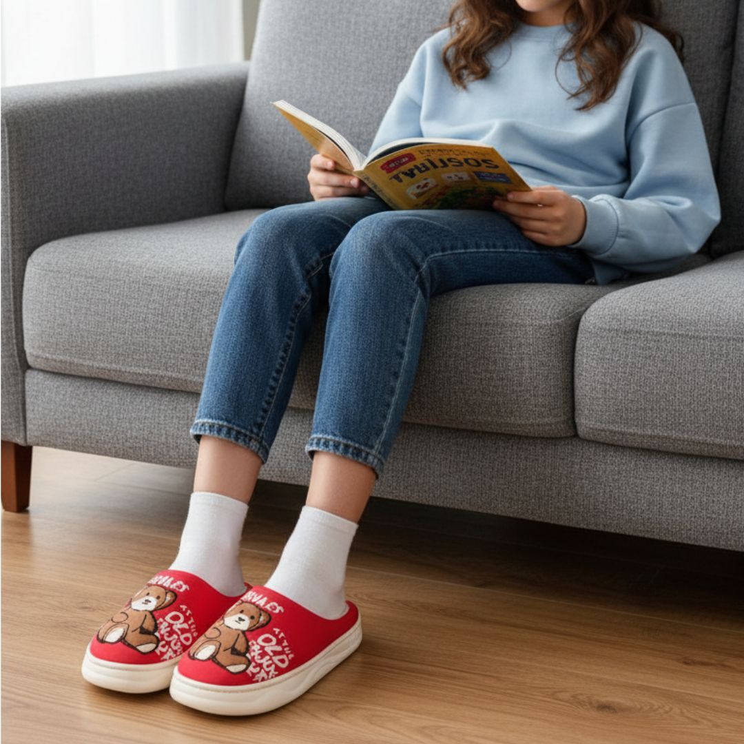 Pantufa Infantil Vermelha Urso Marrom Antiderrapante Criança Unissex Inverno Frio Chinelo Confortável Aconchegante Prese - Imagem 4