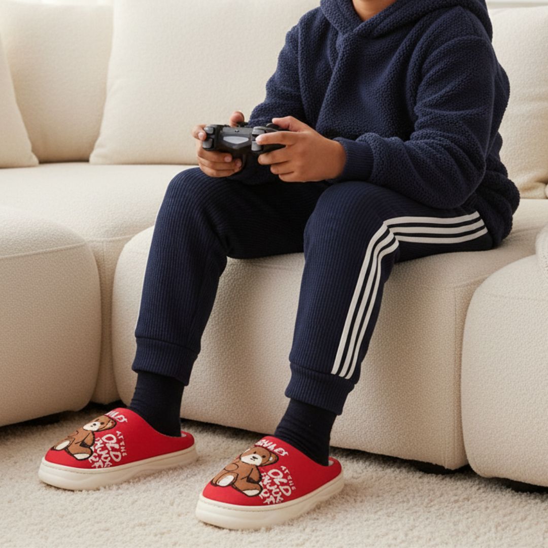 Pantufa Infantil Vermelha Urso Marrom Antiderrapante Criança Unissex Inverno Frio Chinelo Confortável Aconchegante Prese - Imagem 3
