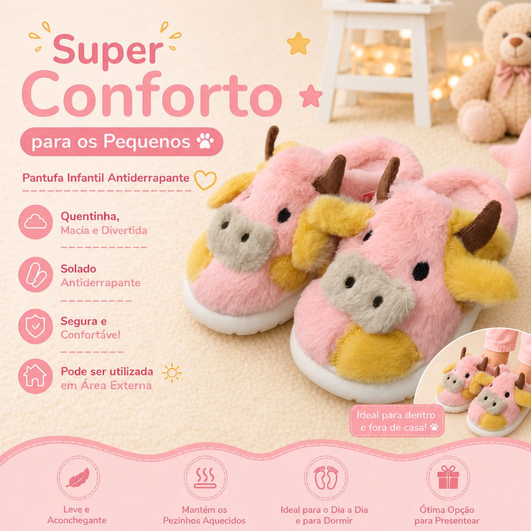 Pantufa Infantil Vaquinha Rosa Frio Menino Pelucia Inverno Criança Fazenda Menina Quarto - Imagem 2