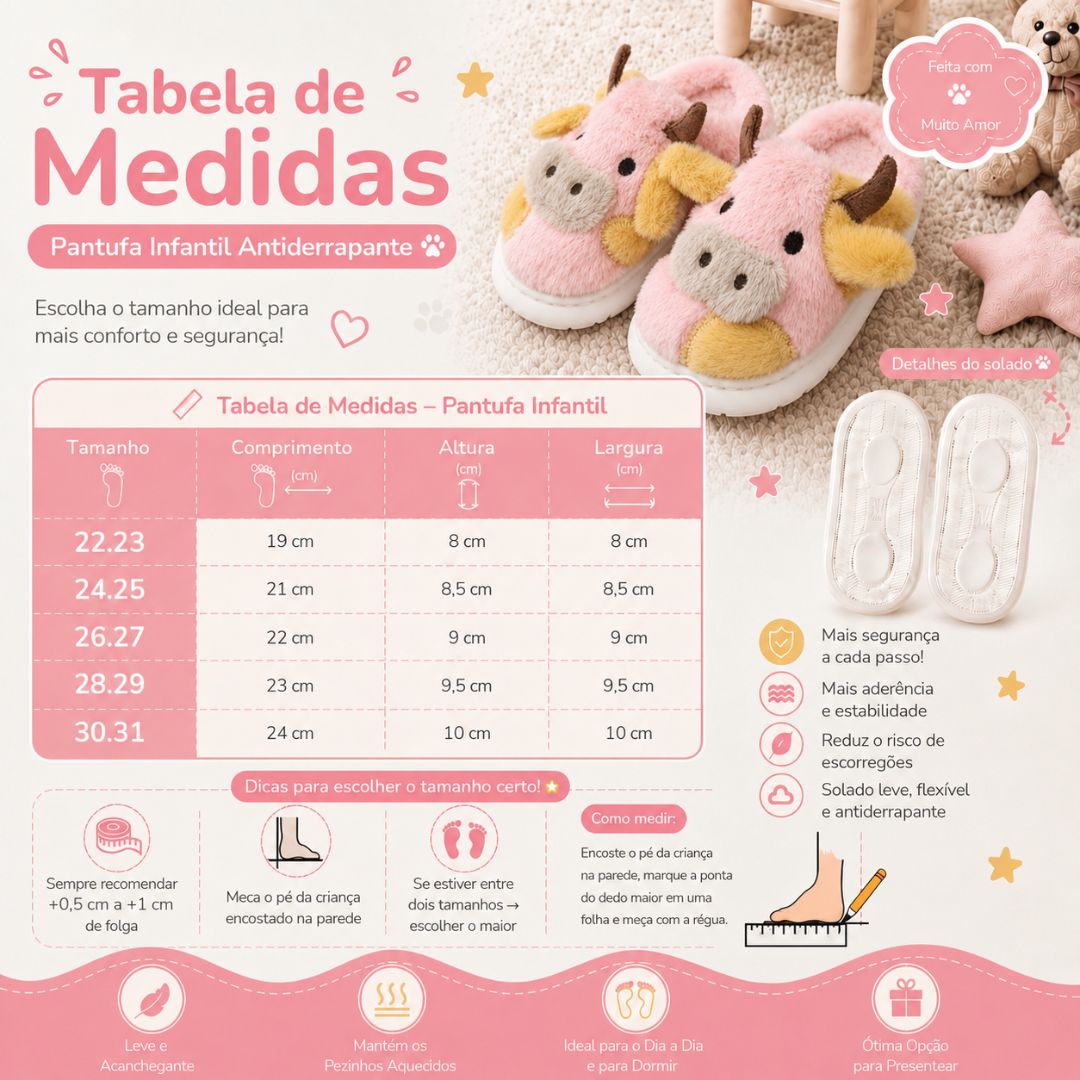 Pantufa Infantil Vaquinha Rosa Frio Menino Pelucia Inverno Criança Fazenda Menina Quarto - Imagem 5