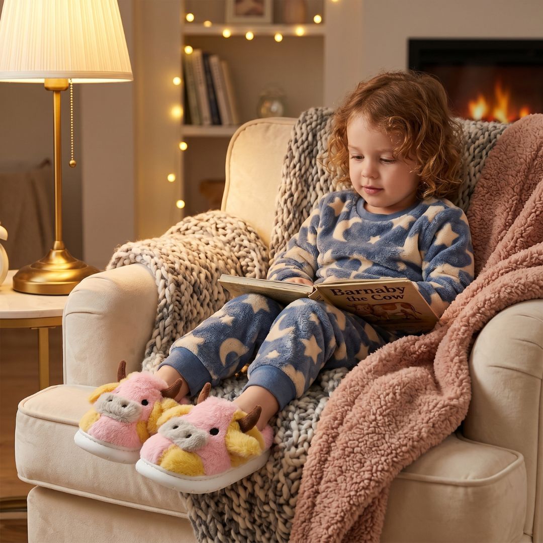 Pantufa Infantil Vaquinha Rosa Frio Menino Pelucia Inverno Criança Fazenda Menina Quarto - Imagem 4