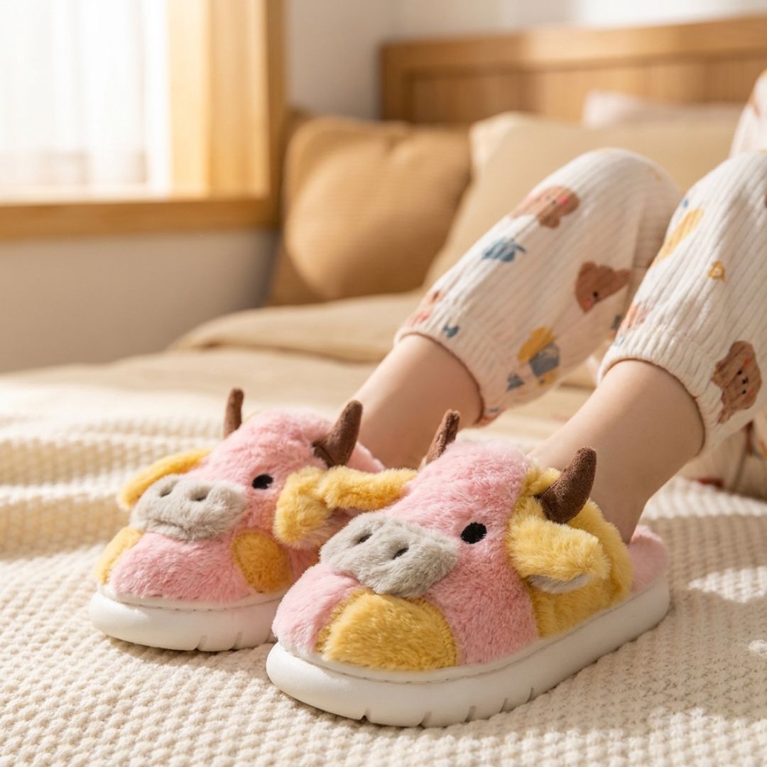Pantufa Infantil Vaquinha Rosa Frio Menino Pelucia Inverno Criança Fazenda Menina Quarto - Imagem 3