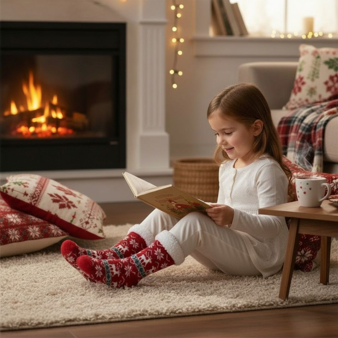 Meia Infantil Térmica Vermelho Inverno Quarto Peluciada Comfort Criança Menina Menino Frio - Imagem 3