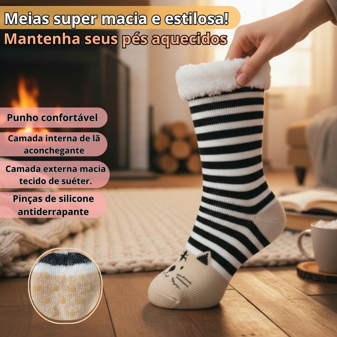 Meia Térmica Adulto Bege Frio Inverno Antiderrapante Peluciada Aconchegante Confortável Quente Gato - Imagem 2