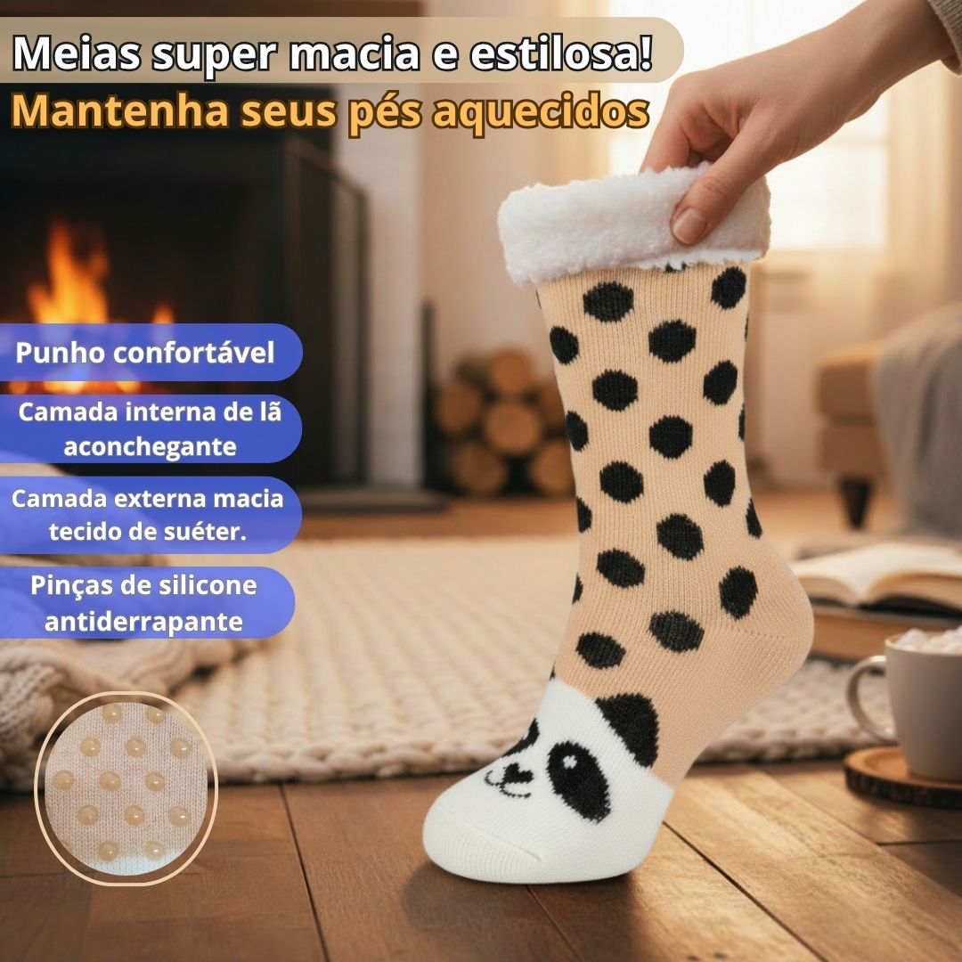 Meia Térmica Adulto Bege Frio Inverno Antiderrapante Peluciada Aconchegante Confortável Quente Panda Bolinha - Imagem 2