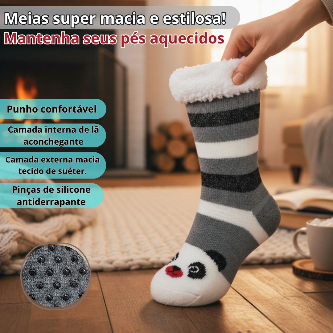 Meia Térmica Adulto Cinza Frio Inverno Antiderrapante Peluciada Aconchegante Confortável Quente Panda Cinza - Imagem 2