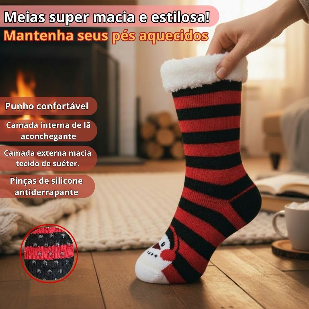 Meia Térmica Adulto Vermelho e Preto Frio Inverno Antiderrapante Peluciada Aconchegante Confortável Quente Boneco Neve - Imagem 2