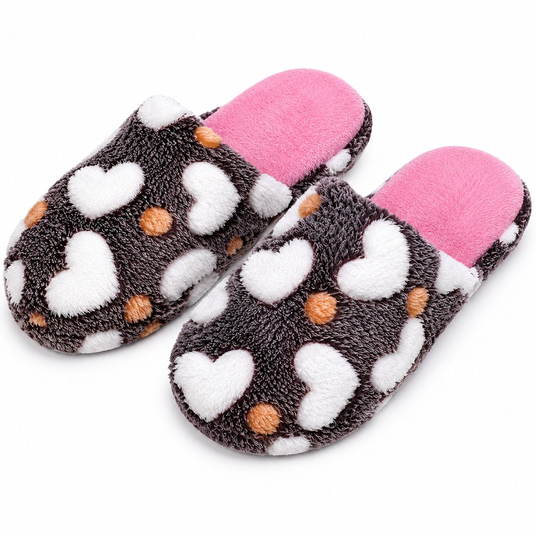 Pantufa Adulto Coração Marrom Feminina Peluciada Frio Inverno Mãe Chinelo Antiderrapante Quarto Confortável Aconchegante