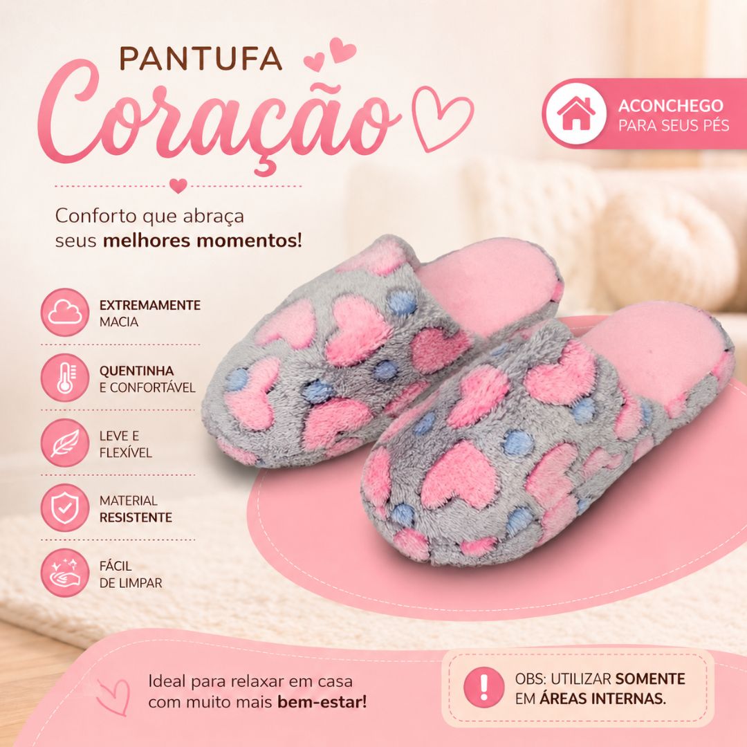 Pantufa Adulto Coração Cinza Feminina Peluciada Frio Inverno Mãe Chinelo Antiderrapante Quarto Confortável Aconchegante - Imagem 2