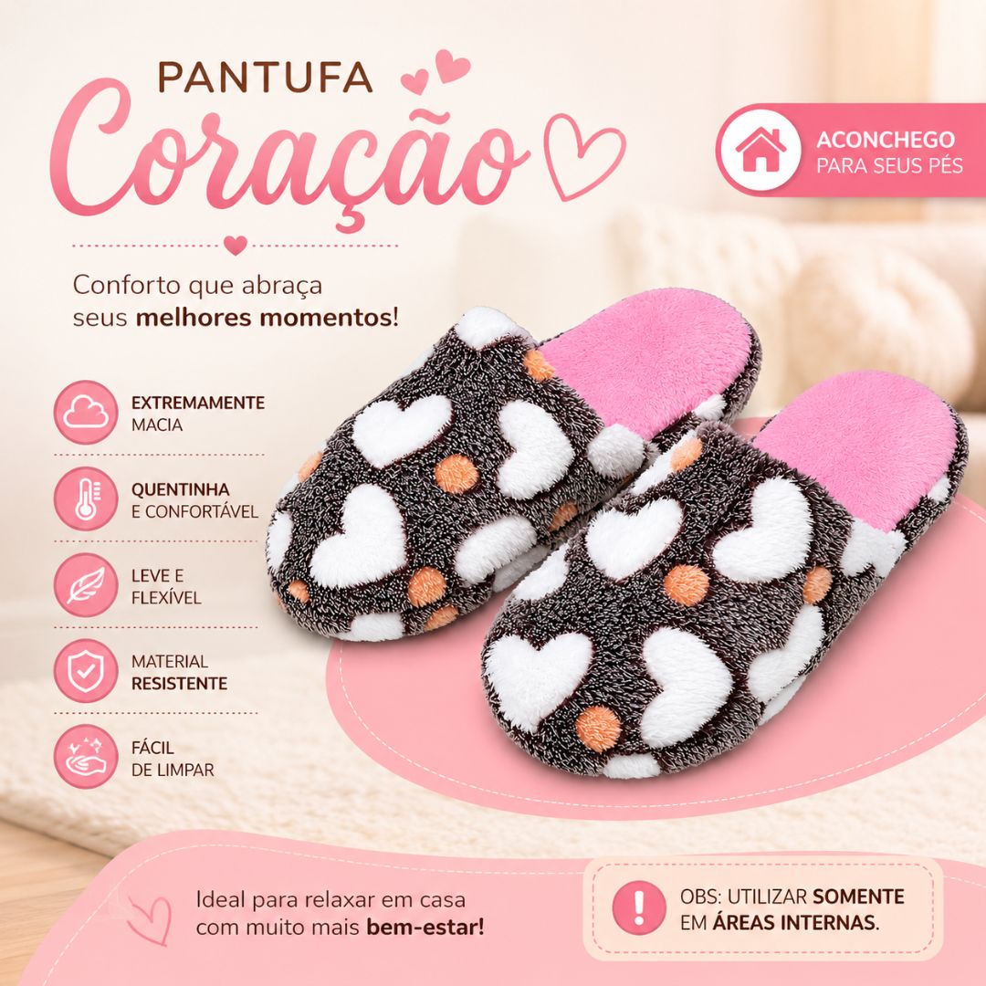Pantufa Adulto Coração Marrom Feminina Peluciada Frio Inverno Mãe Chinelo Antiderrapante Quarto Confortável Aconchegante - Imagem 2