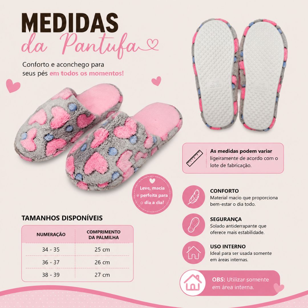 Pantufa Adulto Coração Cinza Feminina Peluciada Frio Inverno Mãe Chinelo Antiderrapante Quarto Confortável Aconchegante - Imagem 5