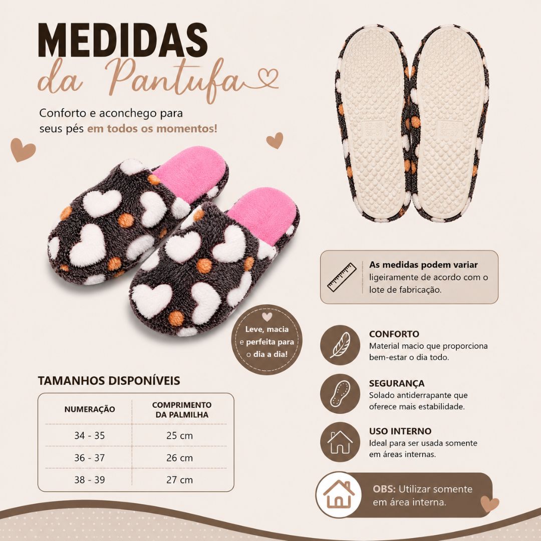 Pantufa Adulto Coração Marrom Feminina Peluciada Frio Inverno Mãe Chinelo Antiderrapante Quarto Confortável Aconchegante - Imagem 5