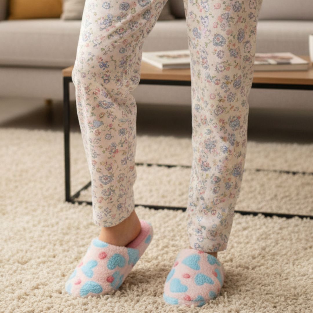 Pantufa Adulto Coração Rosa Feminina Peluciada Frio Inverno Mãe Chinelo Antiderrapante Quarto Confortável Aconchegante P - Imagem 3