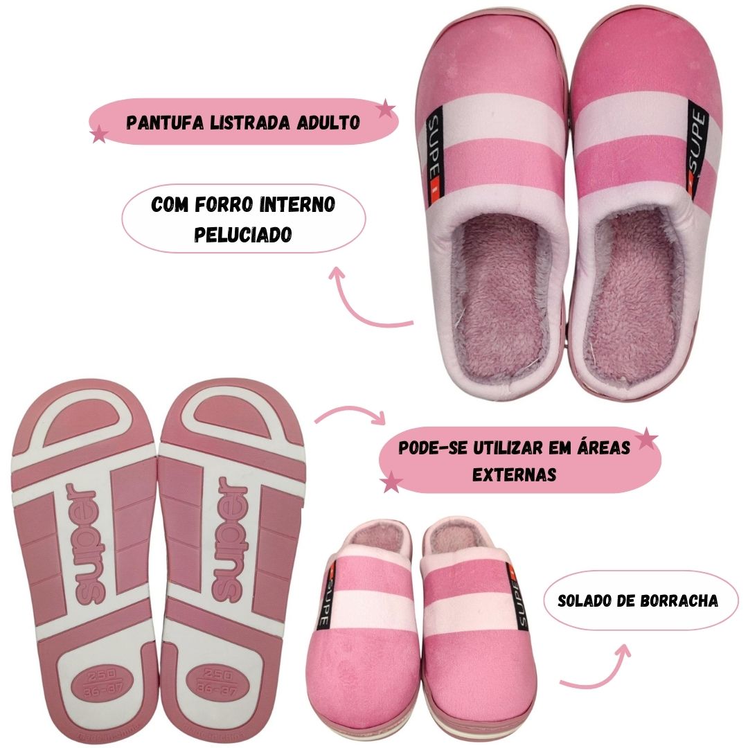 Pantufa Rosa Claro Listrada Feminina Mãe Inverno Frio Quarto Antiderrapante Comfort - Imagem 2