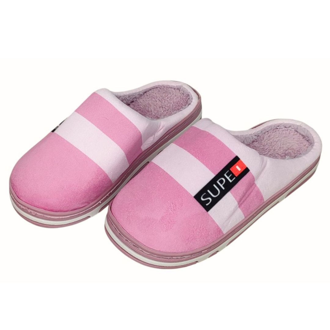 Pantufa Rosa Claro Listrada Feminina Mãe Inverno Frio Quarto Antiderrapante Comfort