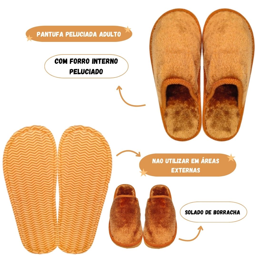 Chinelo Peluciada Laranja Unissex Adulto Pantufa Mãe Pai Inverno Comfort Frio Antiderrapante Aconchegante - Imagem 2