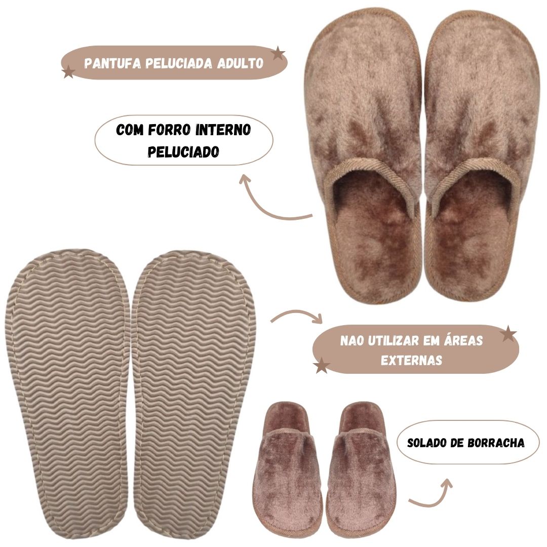 Chinelo Peluciada Marrom Unissex Adulto Pantufa Mãe Pai Inverno Comfort Frio Antiderrapante Aconchegante - Imagem 2