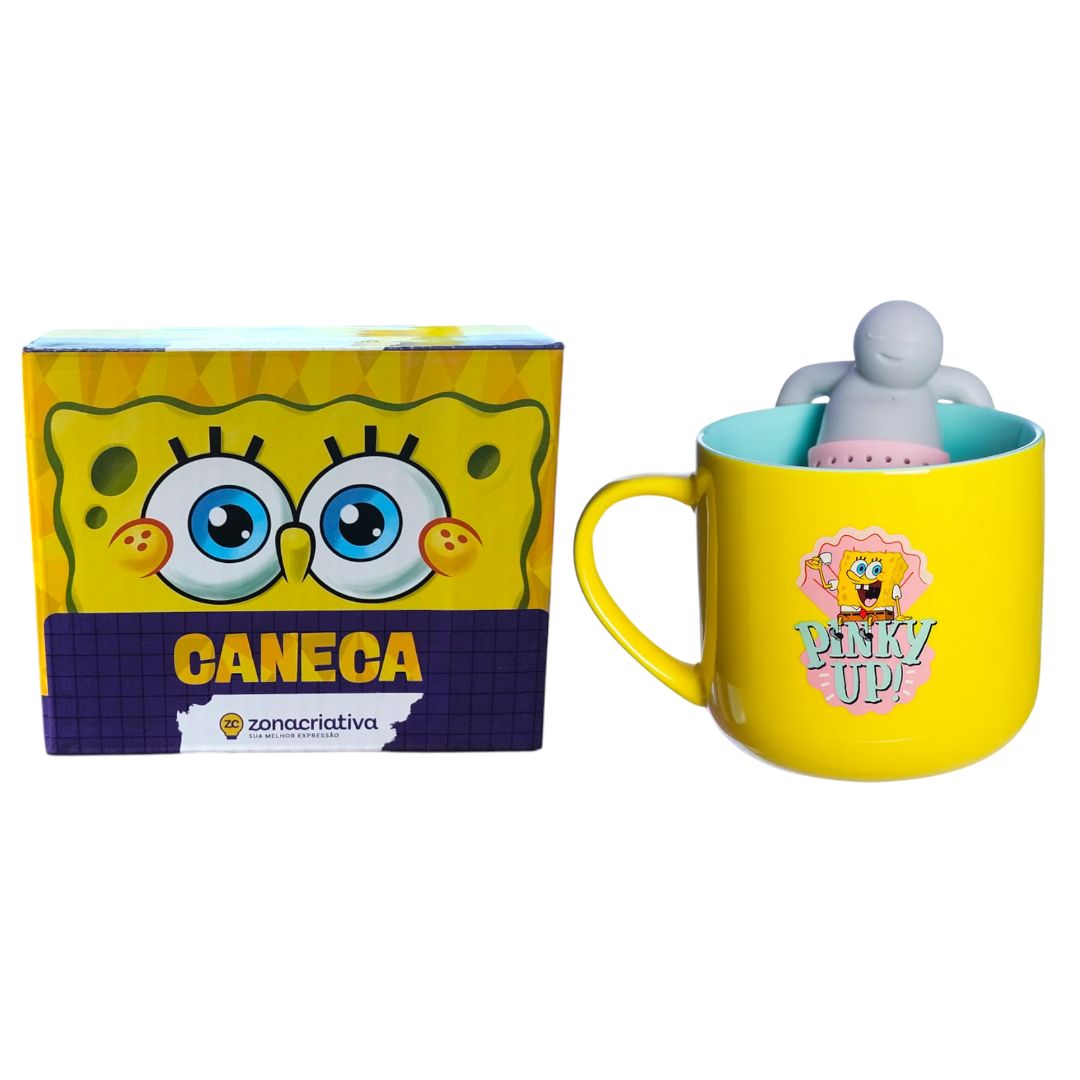 Caneca de Cerâmica Bob Esponja Pinky Up 350ml Com Infusor Presente Bebidas Quentes Café Chá Desenho