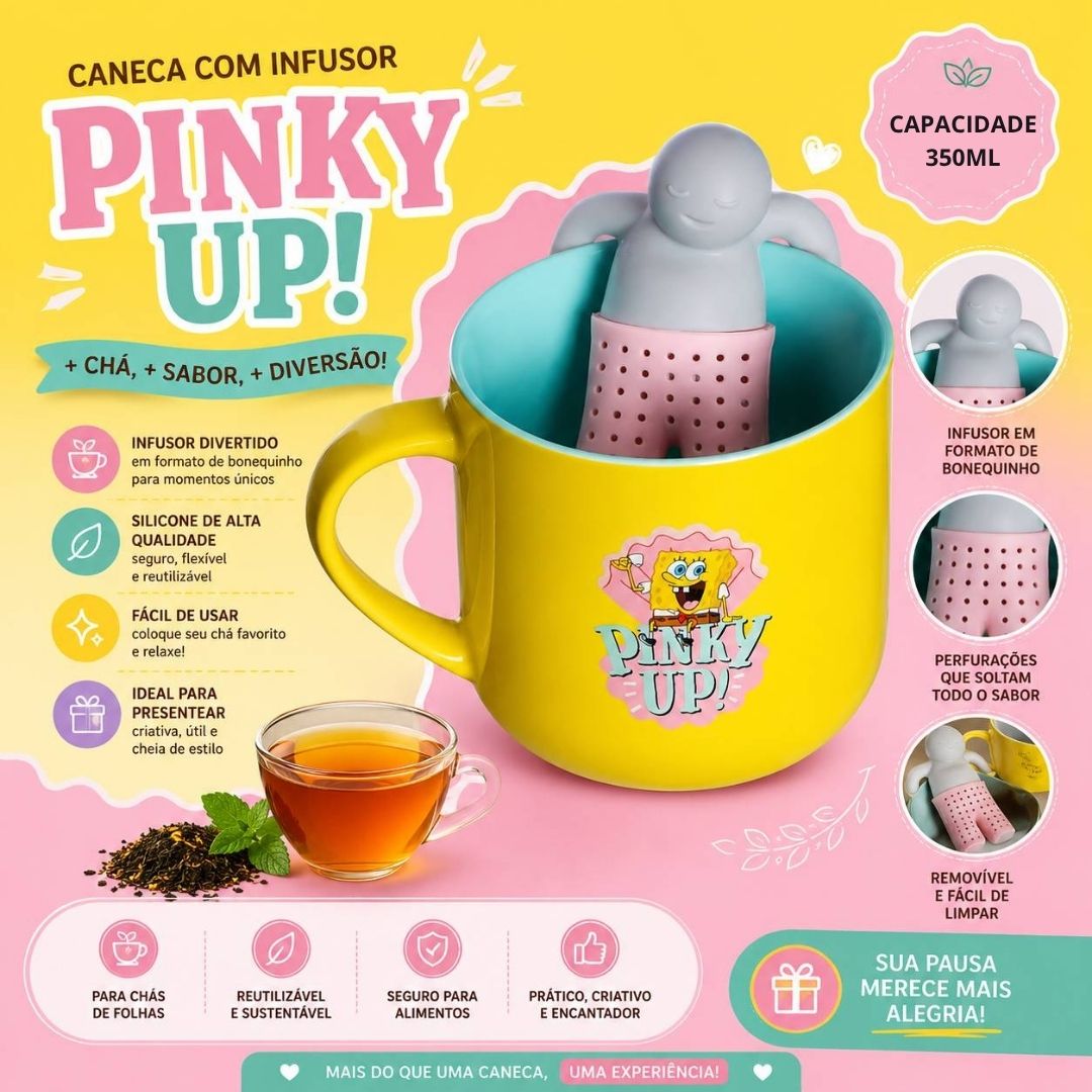 Caneca de Cerâmica Bob Esponja Pinky Up 350ml Com Infusor Presente Bebidas Quentes Café Chá Desenho - Imagem 2