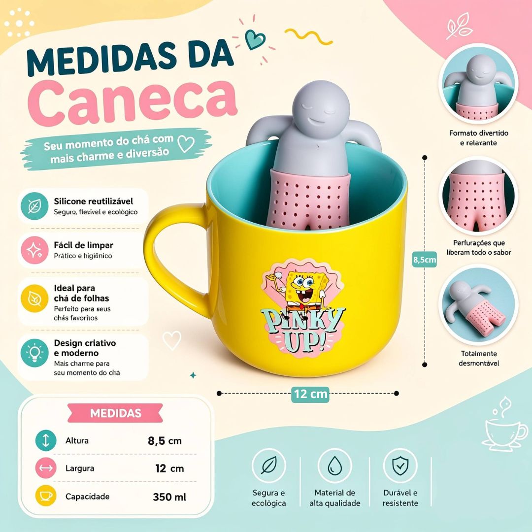 Caneca de Cerâmica Bob Esponja Pinky Up 350ml Com Infusor Presente Bebidas Quentes Café Chá Desenho - Imagem 5