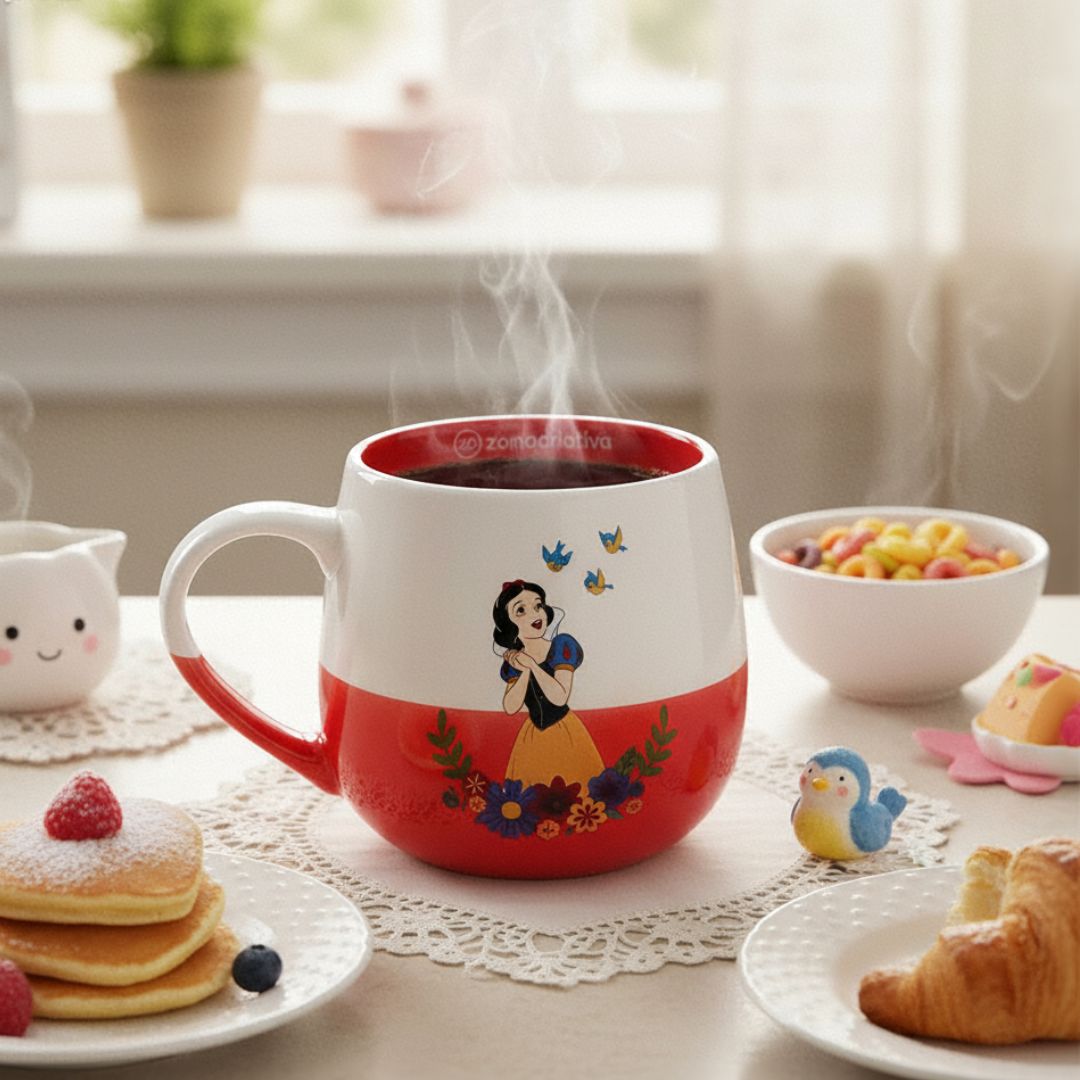 Caneca de Cerâmica Maggie Branca de Neve 400ml Bebidas Quentes Café Chá Leite Presente Disney Princesa - Imagem 3