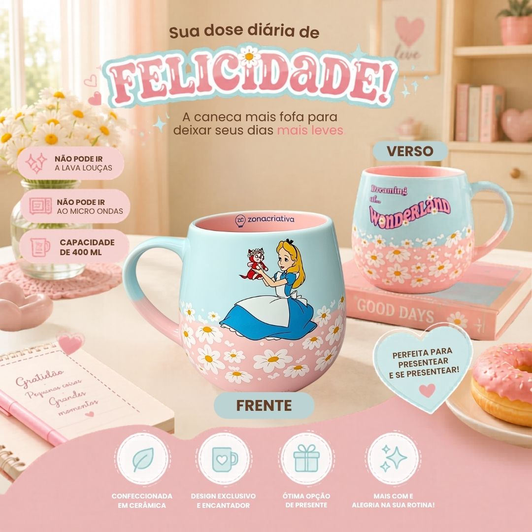 Caneca De Cerâmica Alice No País Das Maravilhas 400ml Maggie Disney Bebidas Quentes Café Chá Leite Presente Criativo - Imagem 2