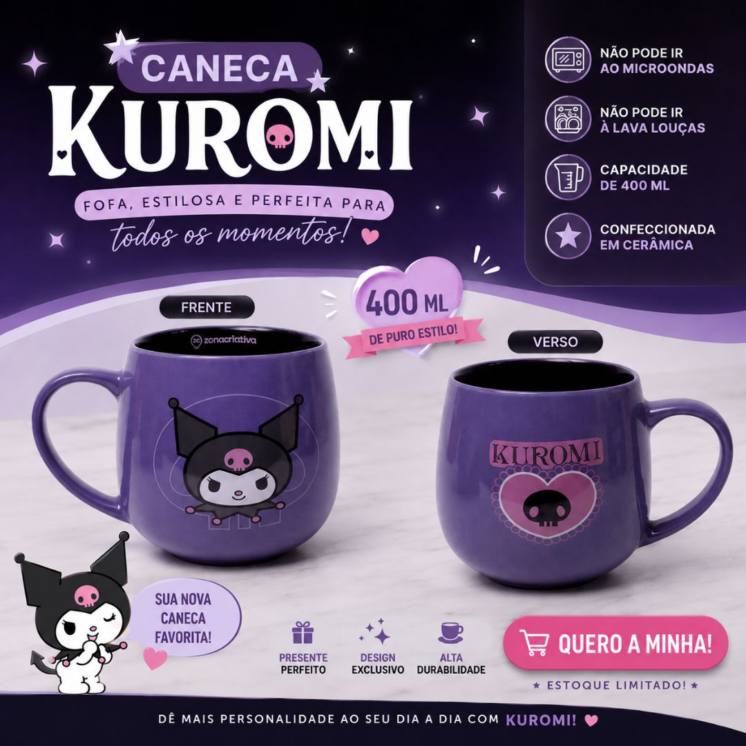 Caneca Cerâmica Maggie Kuromi Coração 400ml Bebidas Quentes Café Chá Leite Sanrio My Melody Presente Criativo - Imagem 2