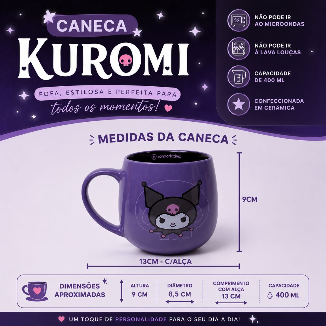 Caneca Cerâmica Maggie Kuromi Coração 400ml Bebidas Quentes Café Chá Leite Sanrio My Melody Presente Criativo - Imagem 5