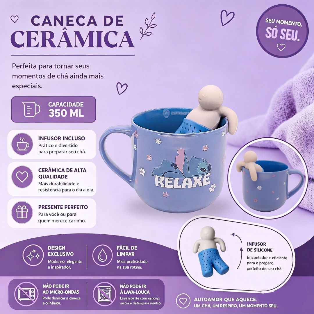 Caneca de Cerâmica Stitch 350ml Com Infusor Lilo Presente Criativo Disney Bebidas Quentes Café Chá Filme - Imagem 2
